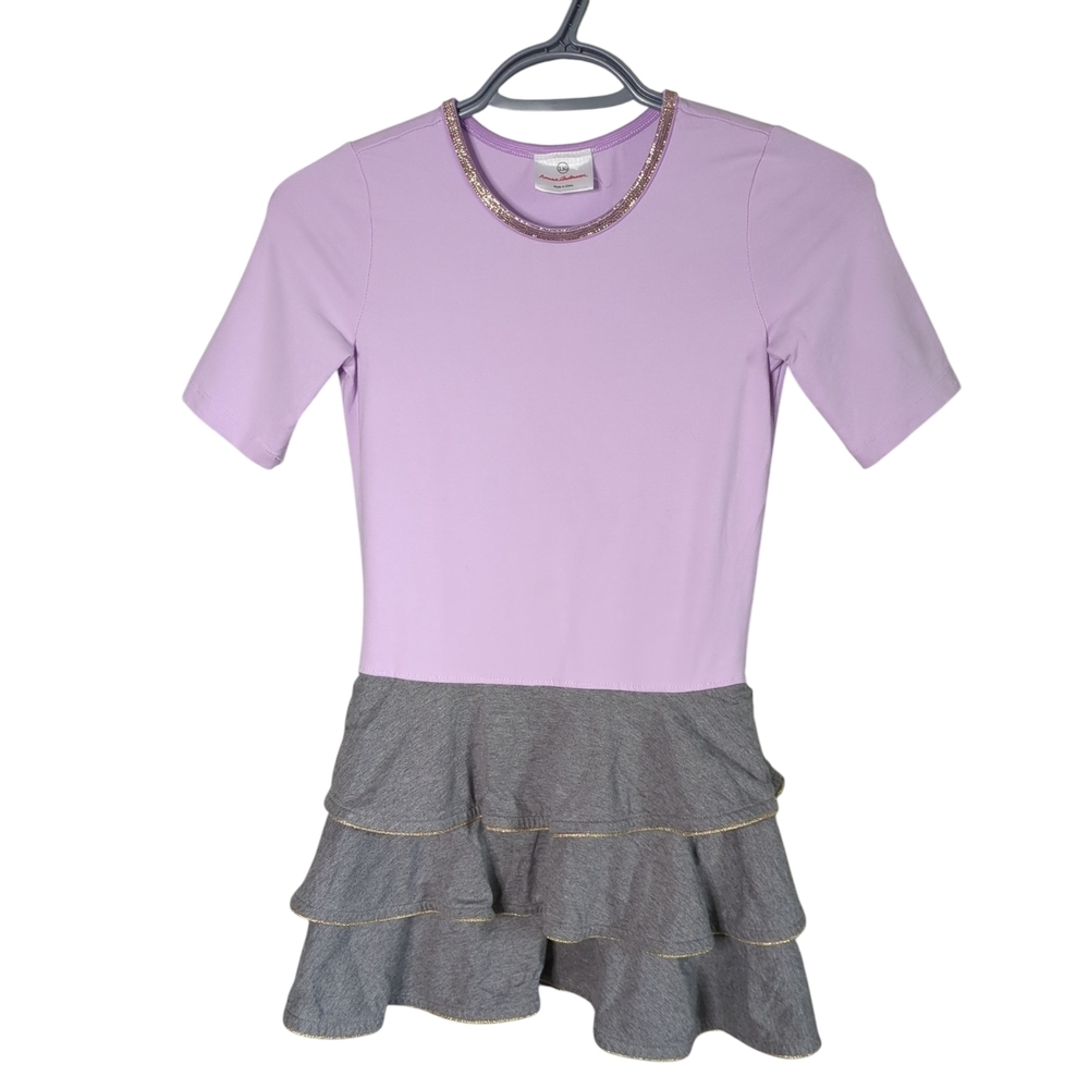 Hanna‎ Andersson Lilac and Gray Tiered Ruffle Dress Gold Trim Size 8 (130cm)